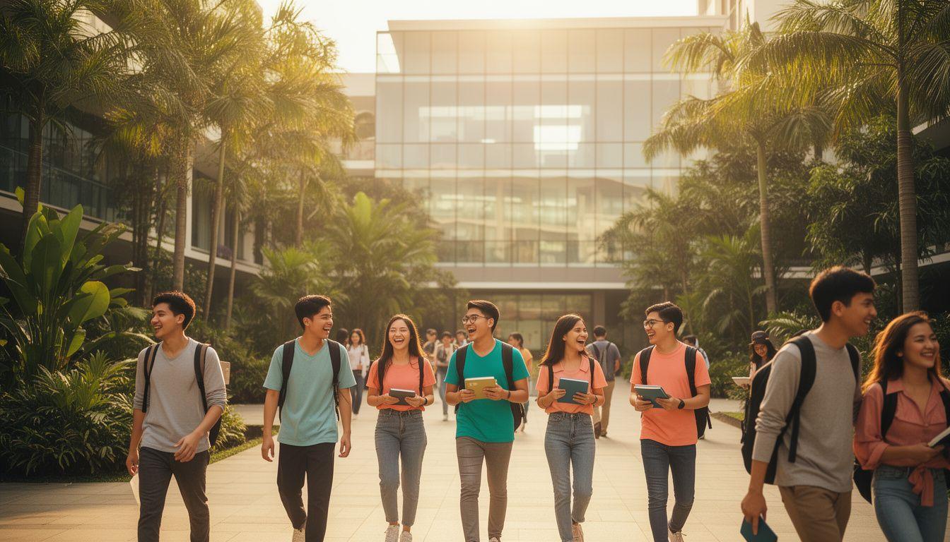 Students walking through a modern Malaysian campus courtyard