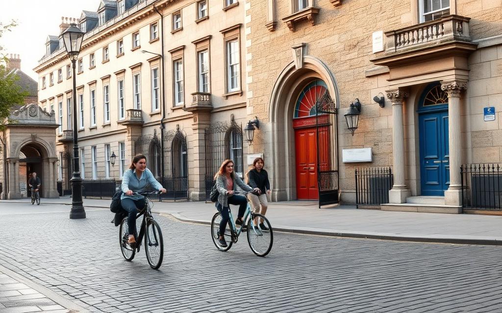 Students at historic campus gates on a cobbled Dublin street
