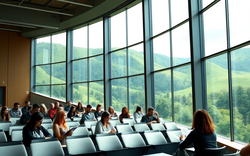 Lecture theatre with windows overlooking green New Zealand hills