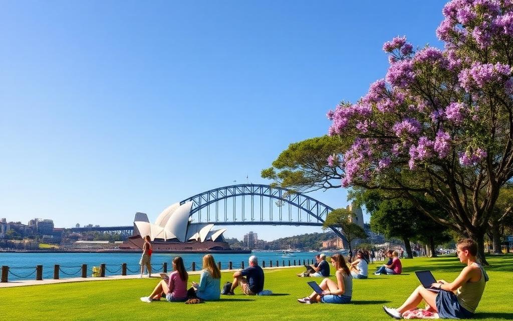 International students on a lawn overlooking Sydney Harbour