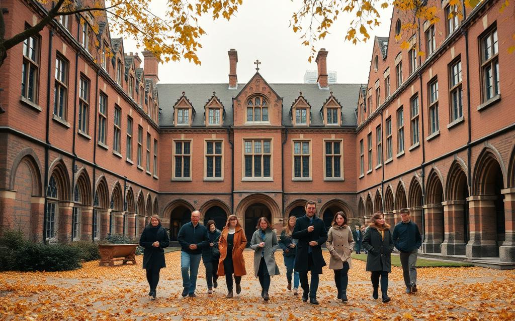 Students crossing a historic university quadrangle in autumn