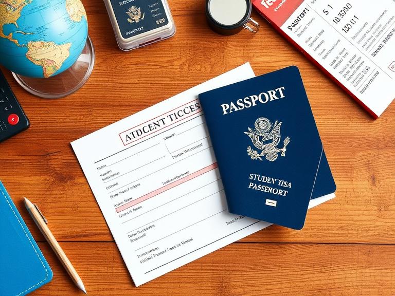 Passport, visa forms and boarding pass laid out ready for submission